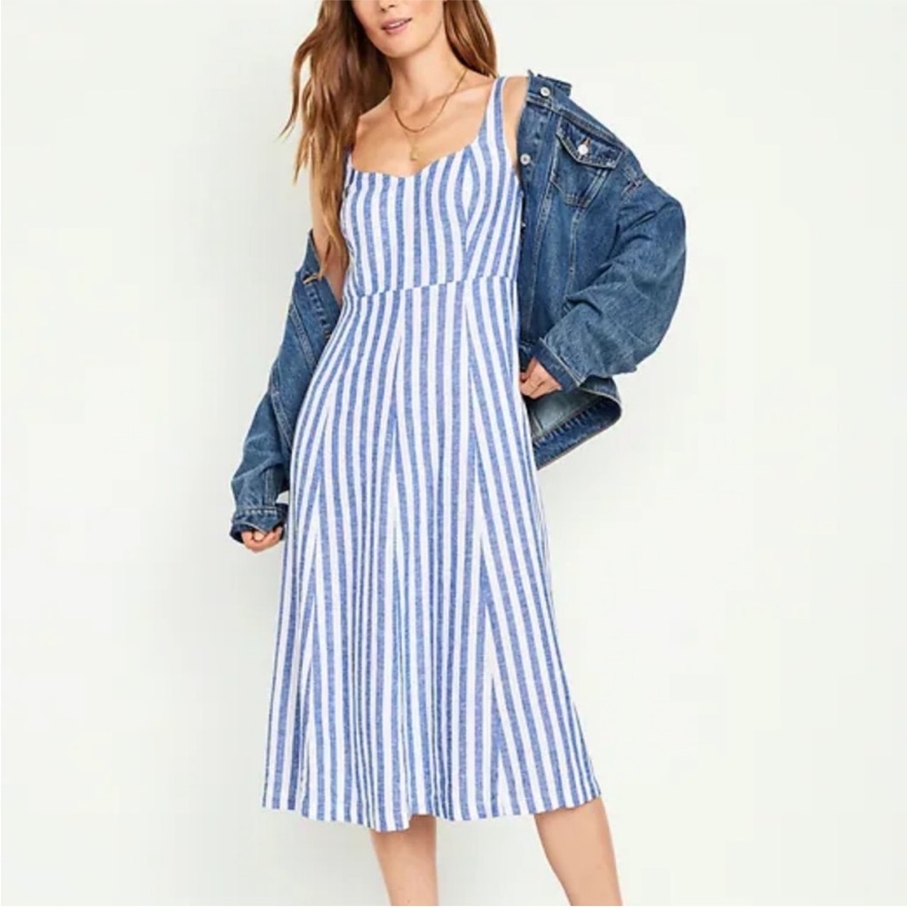 Old Navy Blue and White Striped Linen Blend midi dress size Large